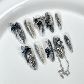 10pcs Handmade Press On Nails Smudging Black Butterfly Shiny Seuquins Designs False Nail Y2k Sweet Cool Long Almond Fake Nails
